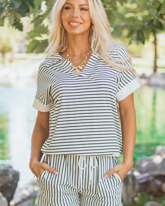 Off White and Black Striped Top and Shorts Set