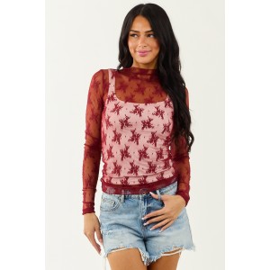 Wine Mesh Lace Mock Neck Long Sleeve Top