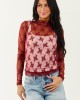 Wine Mesh Lace Mock Neck Long Sleeve Top