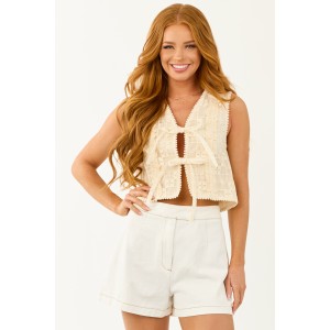 Listicle Champagne Lace Embroidery Tie Front Vest