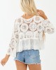 POL Off White Open Crochet Long Sleeve Cotton Top
