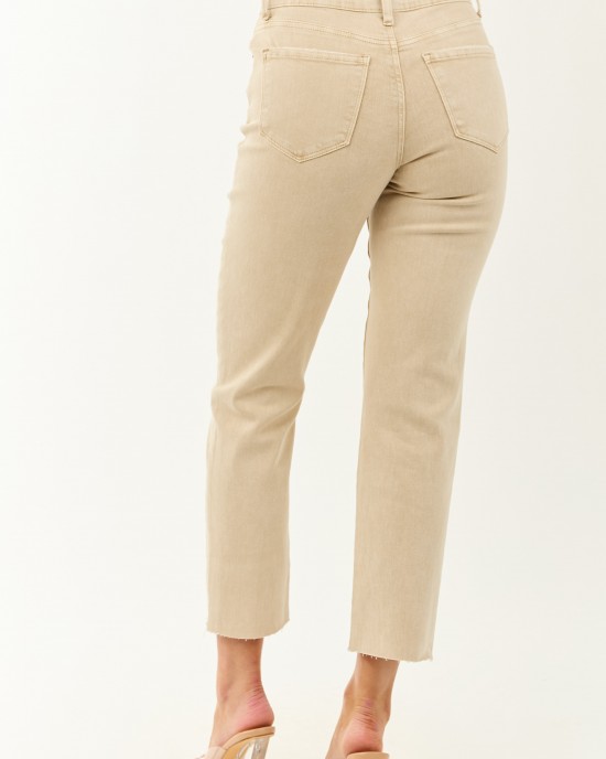 Beige Cropped High Rise Stretchy Straight Jeans