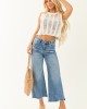 Risen Cropped Frayed Slit Hem Stretchy Wide Jeans