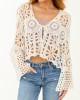 Off White Floral Open Crochet Front Tie Cardigan