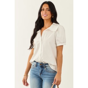 Lovelo Ivory Cotton Button Up Short Sleeve Blouse
