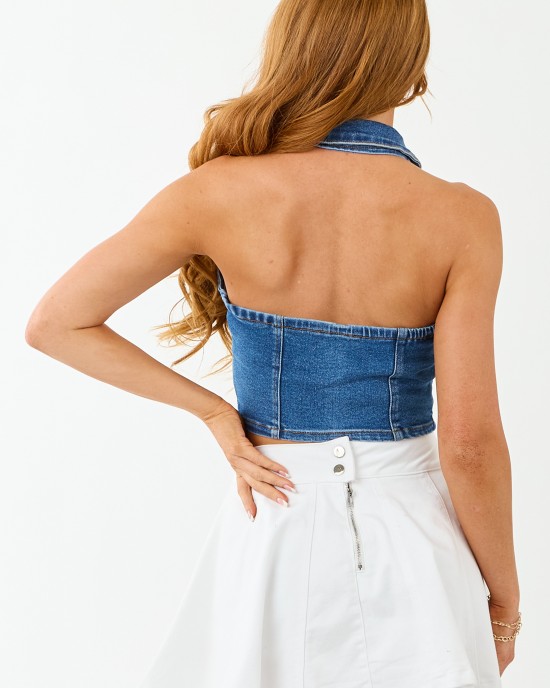 Medium Wash Stretchy Denim Halter Crop Top