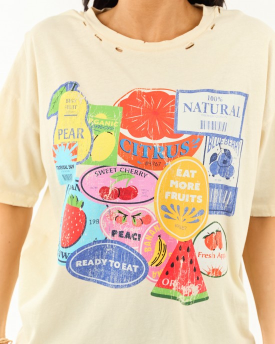 Almond Fruit Sticker Graphic Distressed Cotton Tee Almond Fruit Sticker Graphic Distressed Cotton Tee