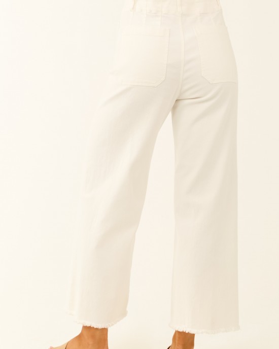 Off White Stretchy Denim Straight Patch Pocket Jeans