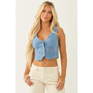 Medium Wash Denim Button Down Cropped Vest