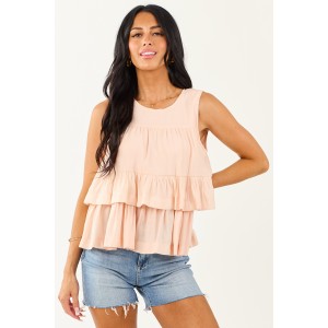 Peach Round Neck Tiered Ruffle Tank Top