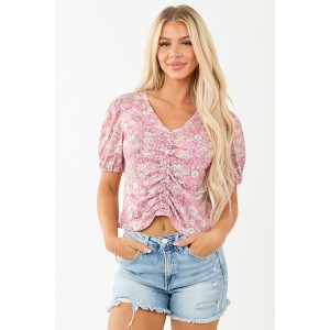 Bubblegum Floral Print Ruched Short Sleeve Top