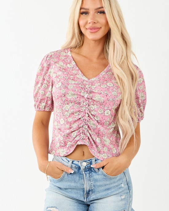 Bubblegum Floral Print Ruched Short Sleeve Top