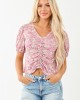 Bubblegum Floral Print Ruched Short Sleeve Top