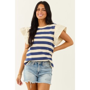 Navy and Cream Striped Ruffle Sleeve Top