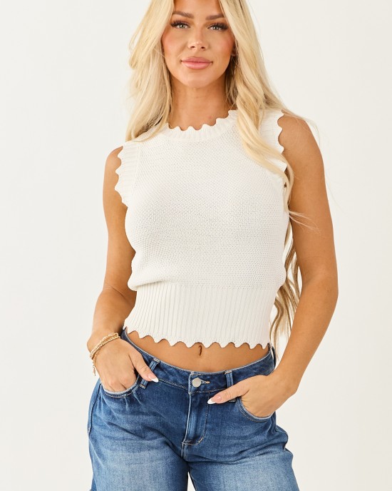 Off White Knit Scalloped Detail Tank Top Off White Knit Scalloped Detail Tank Top