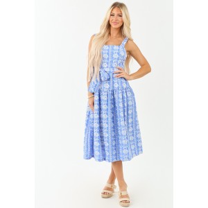 Cornflower Floral Embroidered Waist Tie Midi Dress