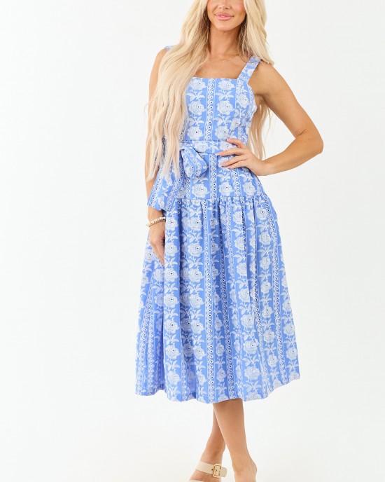 Cornflower Floral Embroidered Waist Tie Midi Dress