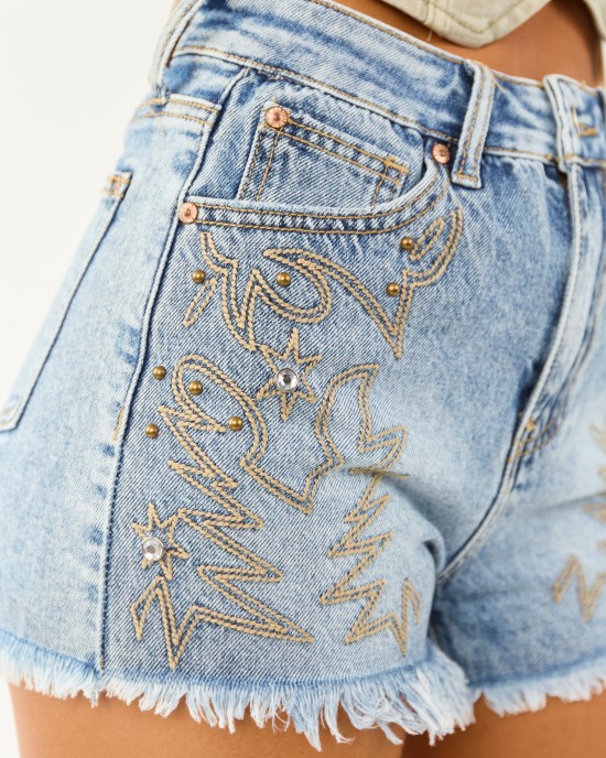 Saige Medium Wash High Rise Western Embroidery Shorts