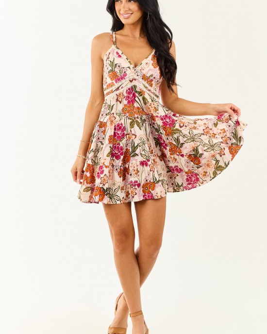 Blush Floral Print Lace Trim Smocked Mini Dress