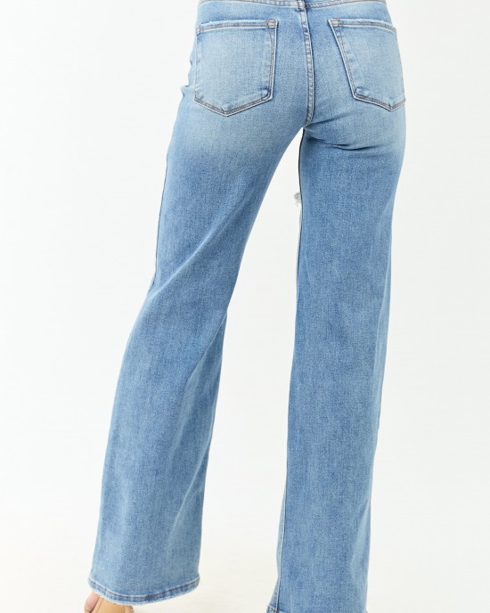 Risen Medium Wash Distressed Stretchy Wide Leg Jeans Risen Medium Wash Distressed Stretchy Wide Leg Jeans