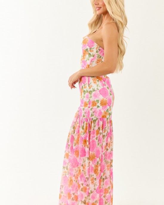 Fuchsia Floral Strapless Asymmetrical Maxi Dress