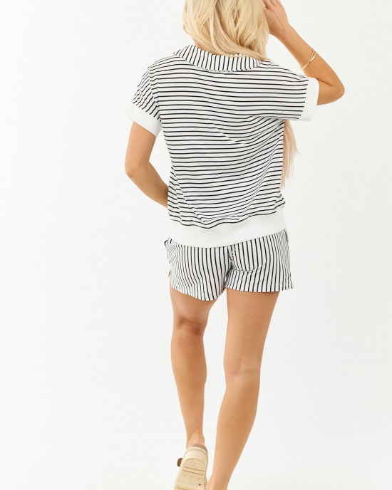 Off White and Black Striped Top and Shorts Set