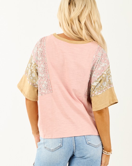 Baby Pink Patchwork Relaxed Half Sleeve Cotton Top Baby Pink Patchwork Relaxed Half Sleeve Cotton Top