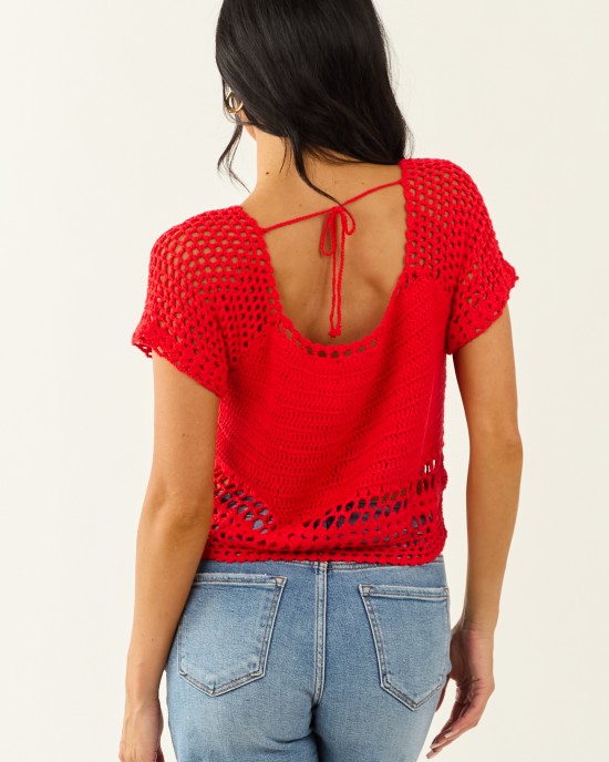 Lipstick Crochet Knit Short Sleeve Crop Top