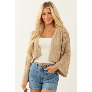 Camel Open Front Long Sleeve Knit Cardigan