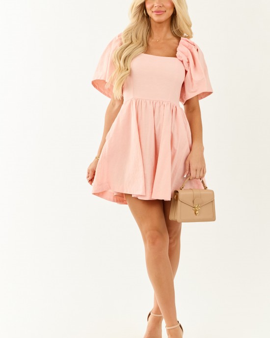 Tea Rose Flutter Sleeve Flowy Skirt Cotton Mini Dress