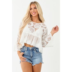 POL Off White Open Crochet Long Sleeve Cotton Top
