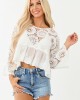 POL Off White Open Crochet Long Sleeve Cotton Top