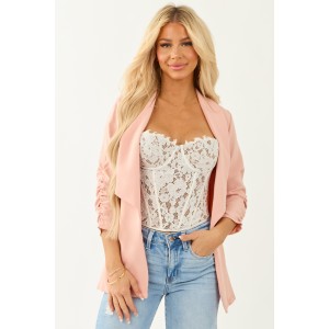 Light Peach Shirred Sleeve Shawl Collar Blazer