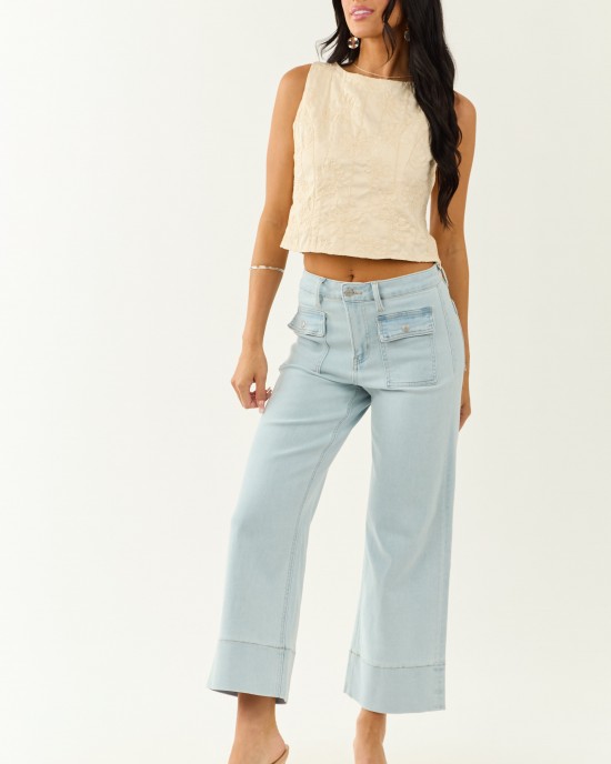 Lovelo Cream Raised Embroidery Cropped Tank Top