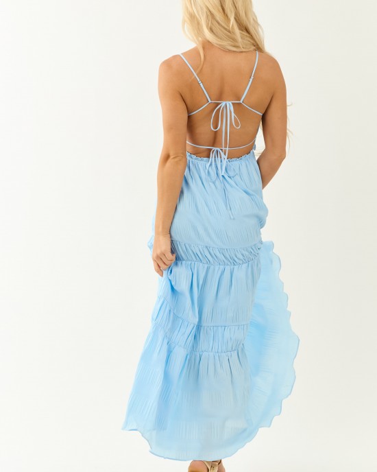 Sky Blue Ruched Tiered Sleeveless Maxi Dress