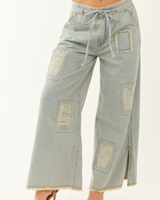 POL Powder Blue Railroad Stripe Wide Patchwork Pants POL Powder Blue Railroad Stripe Wide Patchwork Pants