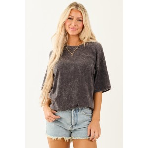 Black Acid Wash Relaxed Cotton Short Sleeve Top
