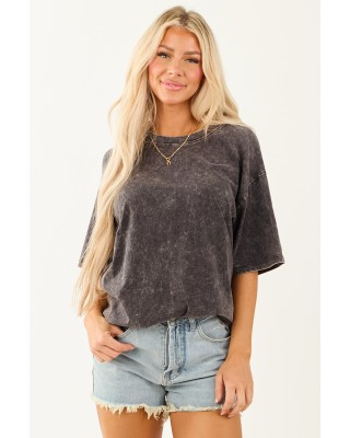 Black Acid Wash Relaxed Cotton Short Sleeve Top
