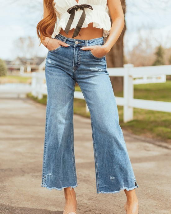 Risen Cropped Frayed Slit Hem Stretchy Wide Jeans