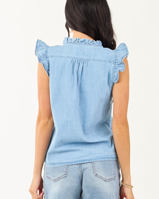 Light Wash Chambray Layered Ruffle Cap Sleeve Top Light Wash Chambray Layered Ruffle Cap Sleeve Top