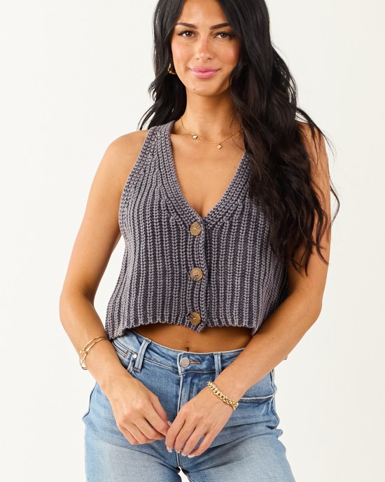 Washed Charcoal Button Down Sweater Knit Vest Washed Charcoal Button Down Sweater Knit Vest