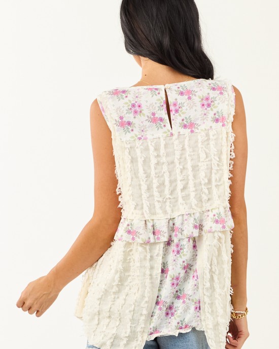 POL Cream Floral Patchwork Fringe Textured Tank Top POL Cream Floral Patchwork Fringe Textured Tank Top