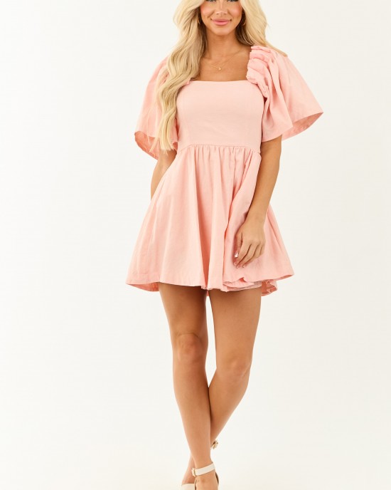Tea Rose Flutter Sleeve Flowy Skirt Cotton Mini Dress