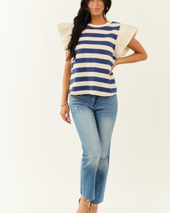 Navy and Cream Striped Ruffle Sleeve Top