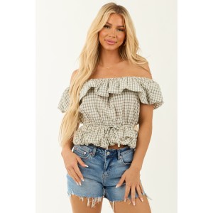 Cream Plaid Off Shoulder Peplum Bubble Hem Top