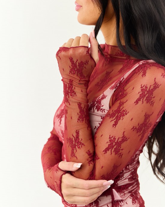 Wine Mesh Lace Mock Neck Long Sleeve Top
