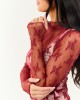 Wine Mesh Lace Mock Neck Long Sleeve Top