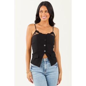 Black Button Down Front Slit Lace Cami Top