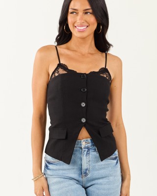 Black Button Down Front Slit Lace Cami Top