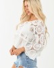 POL Off White Open Crochet Long Sleeve Cotton Top